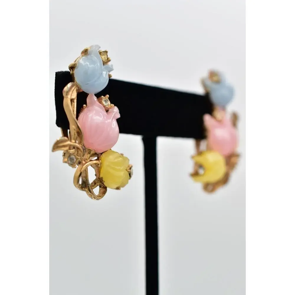 Vintage Flower Clip On Earrings Pastel Pink Yellow Blue Tulip Gold 1960s BinBK